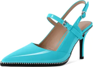 Women's Pointed Toe Mary Jane Pumps High Heels with Slingback Ankle Strap Beaded Heels 3.5 Inch Pumps Shoes