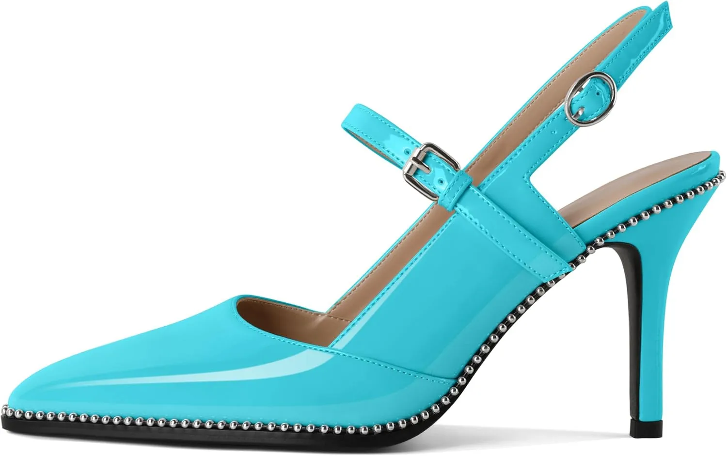 Women's Pointed Toe Mary Jane Pumps High Heels with Slingback Ankle Strap Beaded Heels 3.5 Inch Pumps Shoes