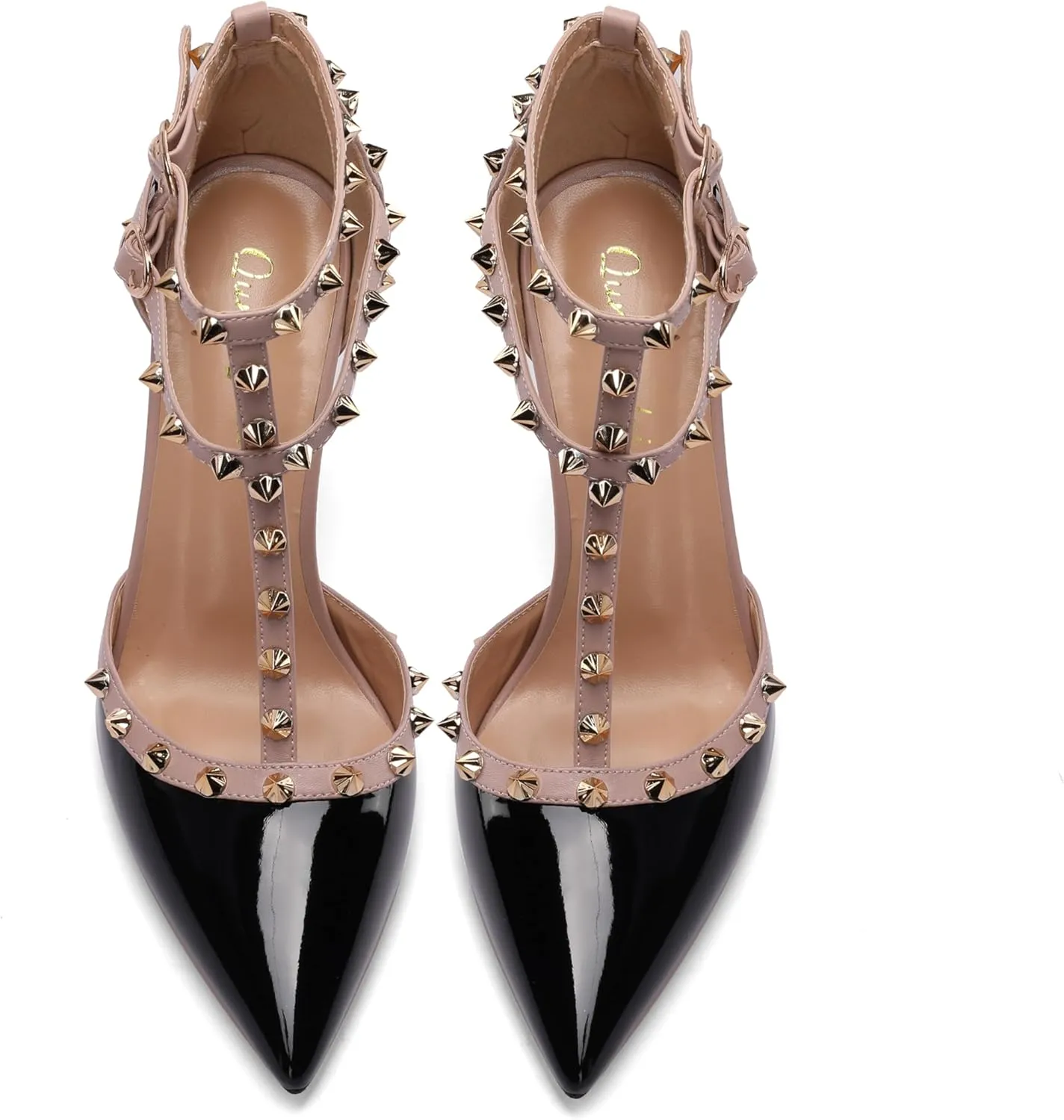 Womens Pointed Toe T-Trap Ankle Trap Hollow Buckle 3.9IN Stiletto High Heels Rivets Banquets Parties Dressy Sexy Closed Toe Pums