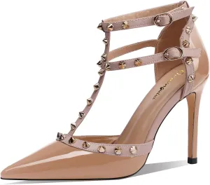 Womens Pointed Toe T-Trap Ankle Trap Hollow Buckle 3.9IN Stiletto High Heels Rivets Banquets Parties Dressy Sexy Closed Toe Pums