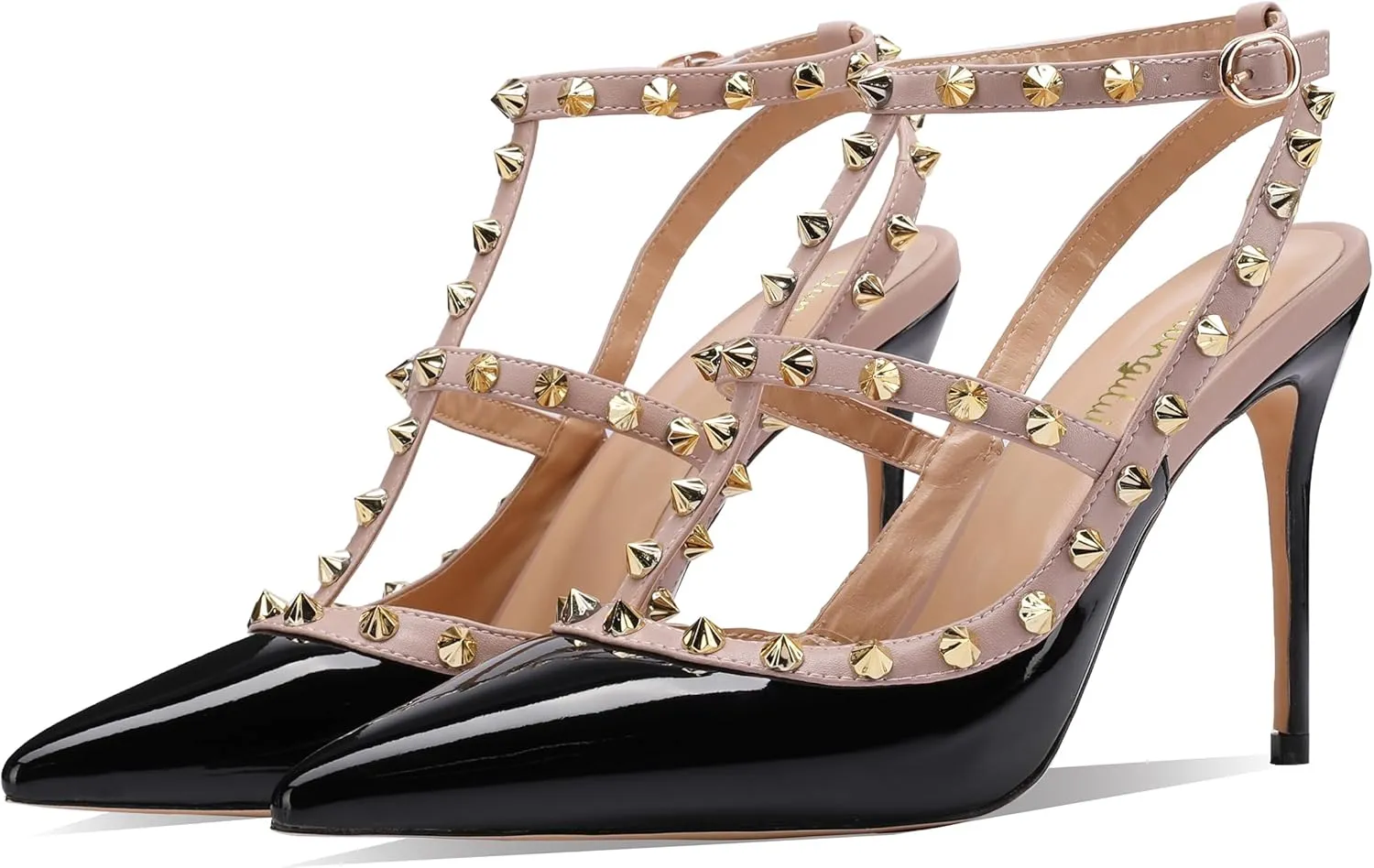 Womens Pointed Toe T-Trap Ankle Trap Hollow Buckle 3.9IN Stiletto High Heels Rivets Banquets Parties Dressy Sexy Closed Toe Pums