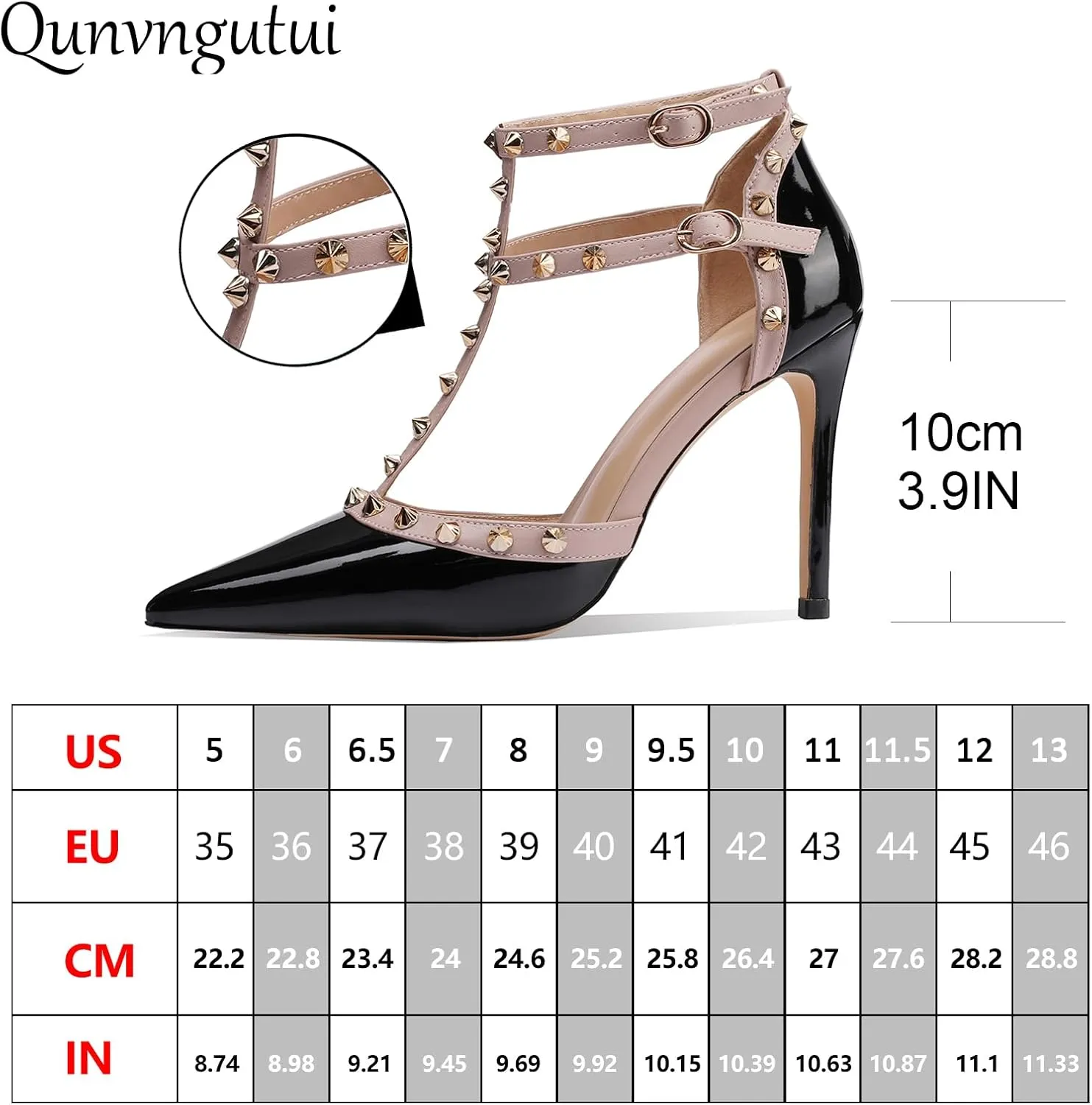 Womens Pointed Toe T-Trap Ankle Trap Hollow Buckle 3.9IN Stiletto High Heels Rivets Banquets Parties Dressy Sexy Closed Toe Pums