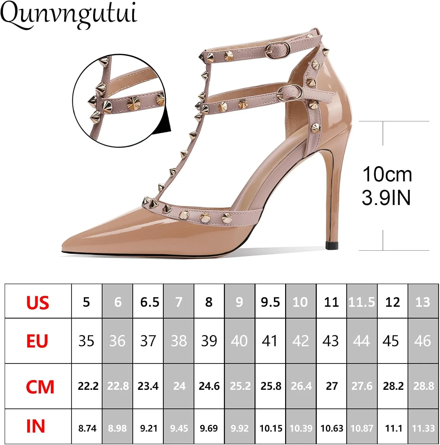 Womens Pointed Toe T-Trap Ankle Trap Hollow Buckle 3.9IN Stiletto High Heels Rivets Banquets Parties Dressy Sexy Closed Toe Pums