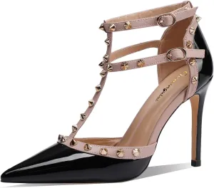 Womens Pointed Toe T-Trap Ankle Trap Hollow Buckle 3.9IN Stiletto High Heels Rivets Banquets Parties Dressy Sexy Closed Toe Pums