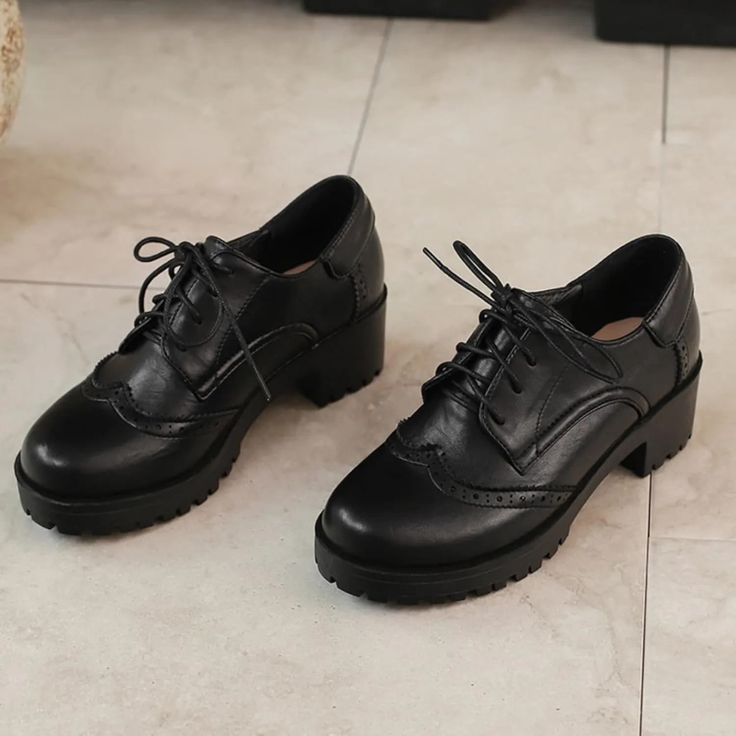Women's Round Toe Lace-Up Low Platform Chunky Heel Block Oxfords Pumps Comfortable Derby Wingtip Saddle Brogues Loafers Shoes