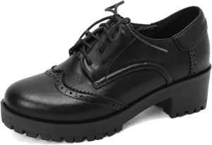 Women's Round Toe Lace-Up Low Platform Chunky Heel Block Oxfords Pumps Comfortable Derby Wingtip Saddle Brogues Loafers Shoes