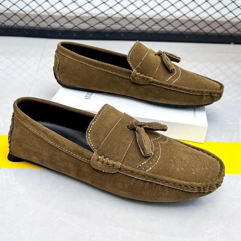 WOUND Mens Loafers Shoe Nubuck Leather Tassel Penny Driving Loafers Flexible Flat Heel Anti-Slip Classic Slip-on (Color : Brown, Size : 11.5)