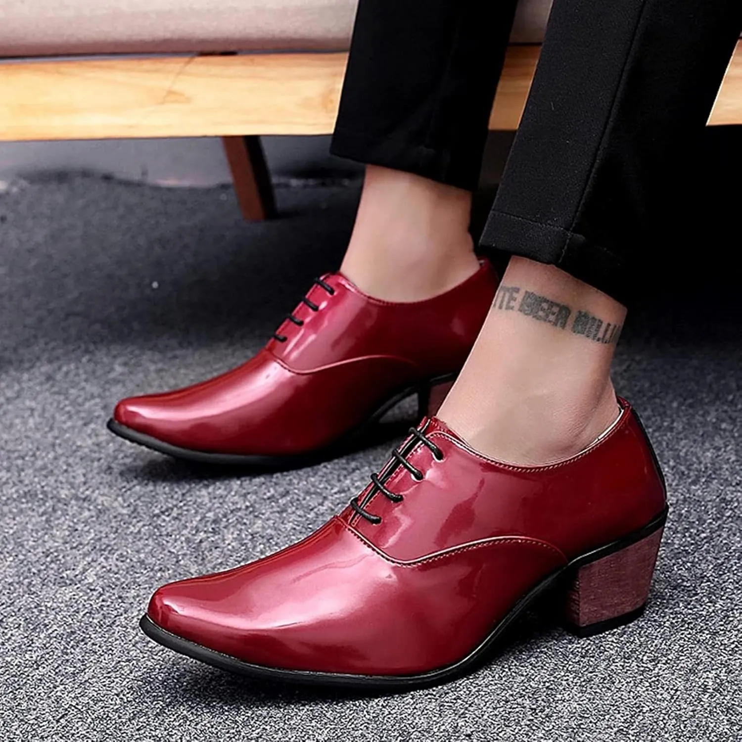 Yiozoi Men's Official Shoes Patent Leather Lace up Height Increase Oxford Business Wedding Pointed Dress