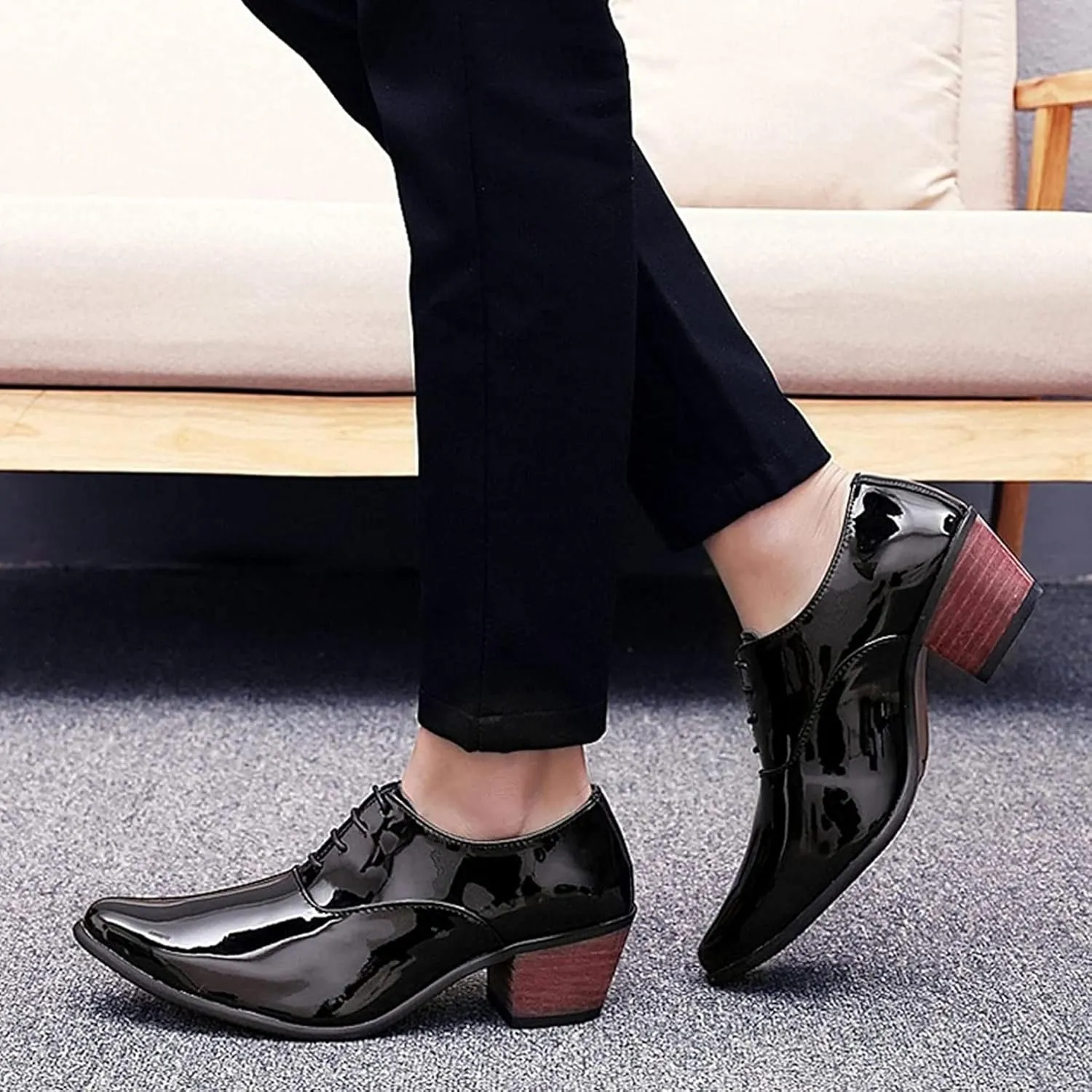 Yiozoi Men's Official Shoes Patent Leather Lace up Height Increase Oxford Business Wedding Pointed Dress