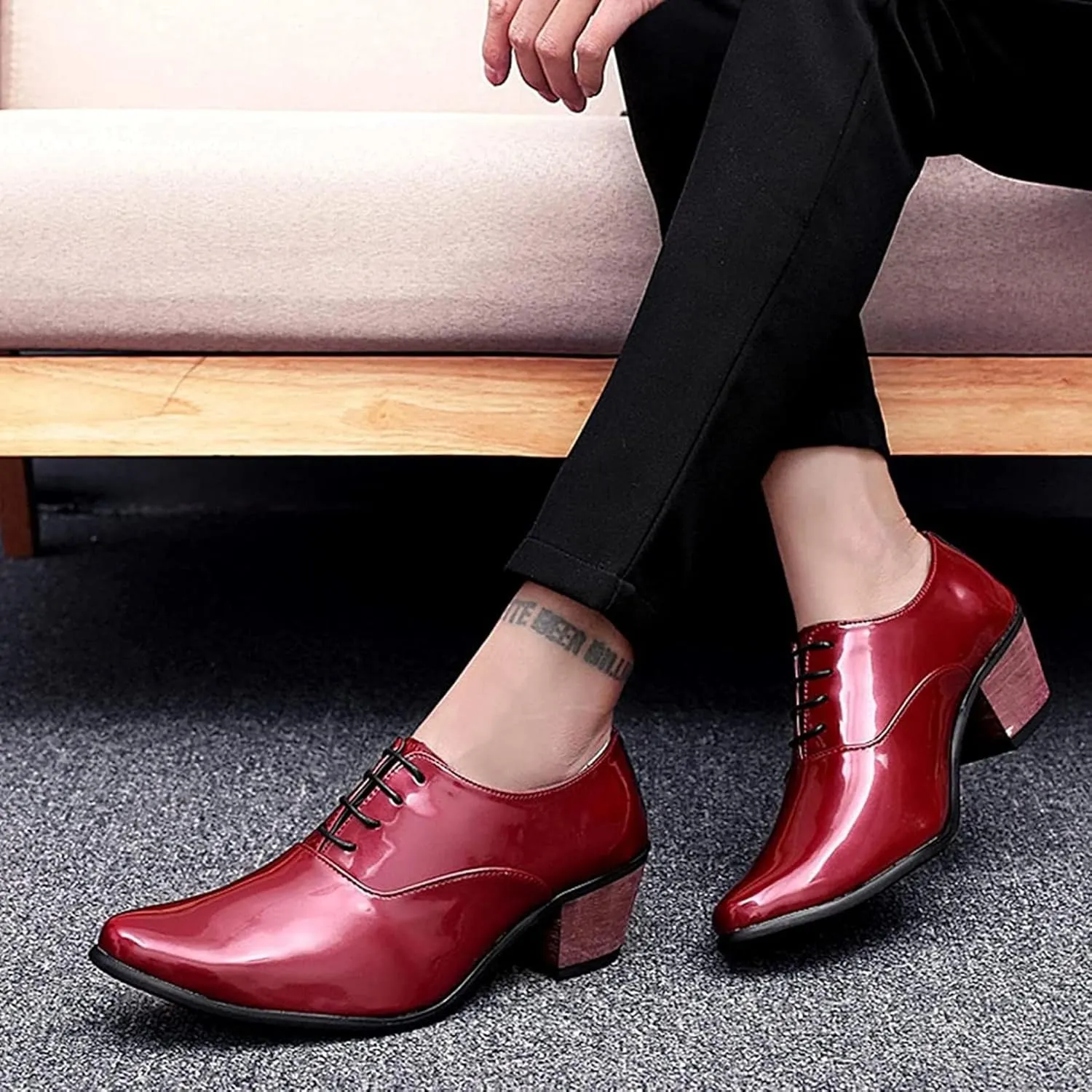 Yiozoi Men's Official Shoes Patent Leather Lace up Height Increase Oxford Business Wedding Pointed Dress