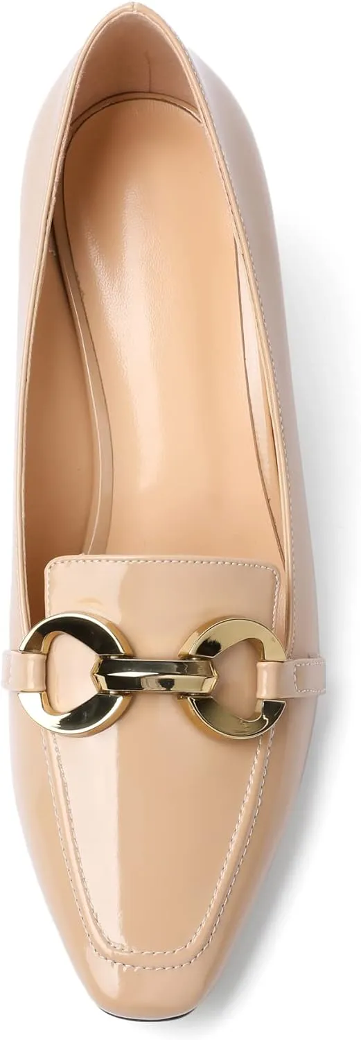 YODEKS Women Low Block Chunky Heel Pumps Square Toe Elegant Slip On 2.5 Inch Closed Toe Chain Buckle Comfort Shoes for Wedding Office Evening