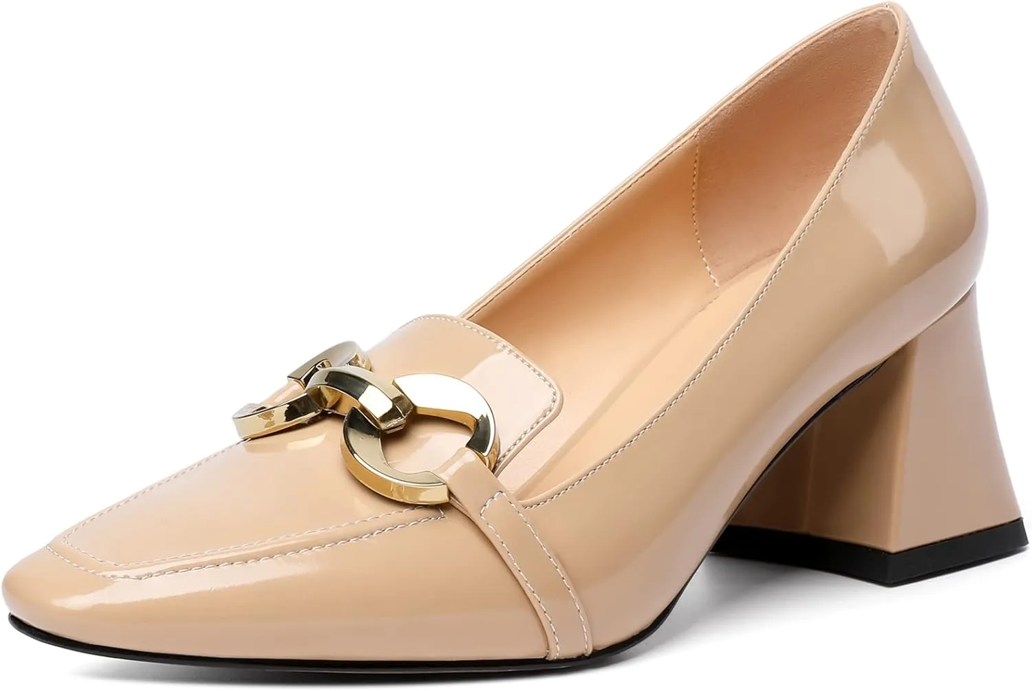 YODEKS Women Low Block Chunky Heel Pumps Square Toe Elegant Slip On 2.5 Inch Closed Toe Chain Buckle Comfort Shoes for Wedding Office Evening