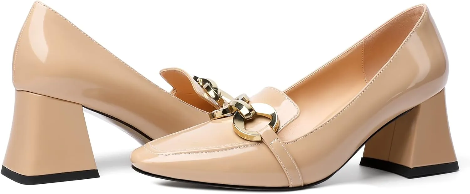 YODEKS Women Low Block Chunky Heel Pumps Square Toe Elegant Slip On 2.5 Inch Closed Toe Chain Buckle Comfort Shoes for Wedding Office Evening