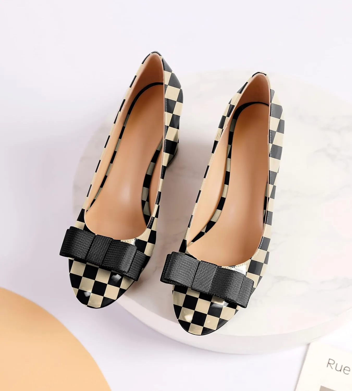 YODEKS Women Low Block Chunky Heels Round Toe Sexy Slip On Pumps 2.5 Inch Mid Heel Elegant Black Bow Comfort Shoes