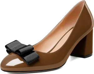 YODEKS Women Low Block Chunky Heels Round Toe Sexy Slip On Pumps 2.5 Inch Mid Heel Elegant Black Bow Comfort Shoes