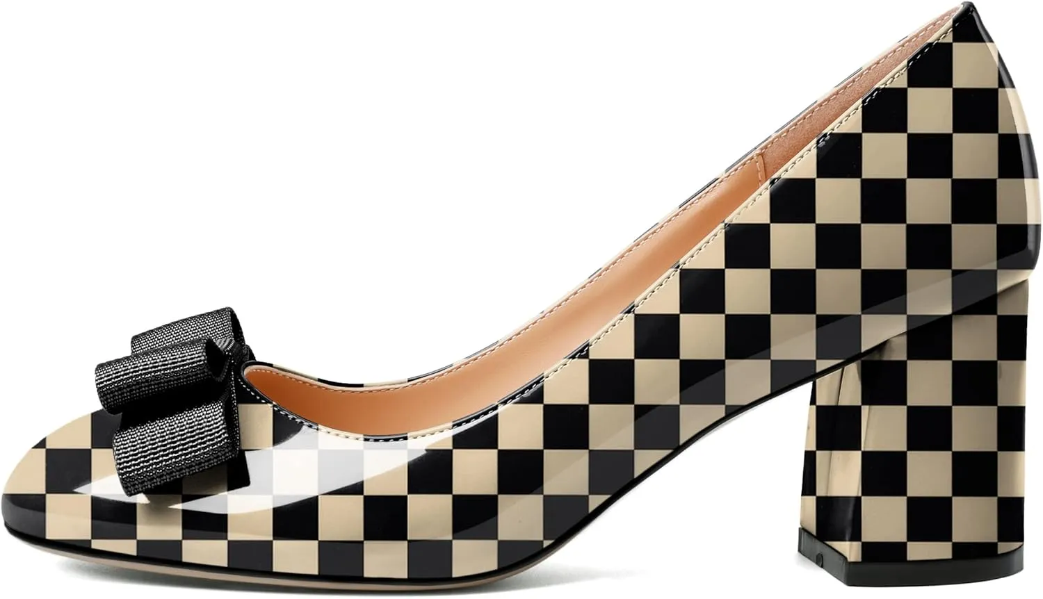 YODEKS Women Low Block Chunky Heels Round Toe Sexy Slip On Pumps 2.5 Inch Mid Heel Elegant Black Bow Comfort Shoes