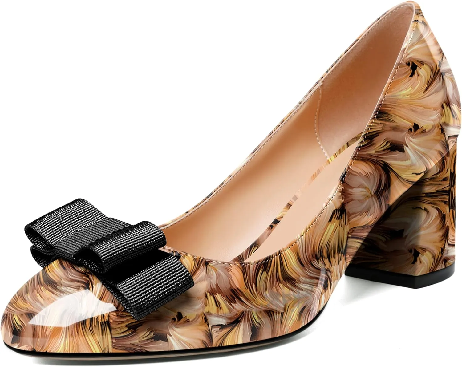 YODEKS Women Low Block Chunky Heels Round Toe Sexy Slip On Pumps 2.5 Inch Mid Heel Elegant Black Bow Comfort Shoes