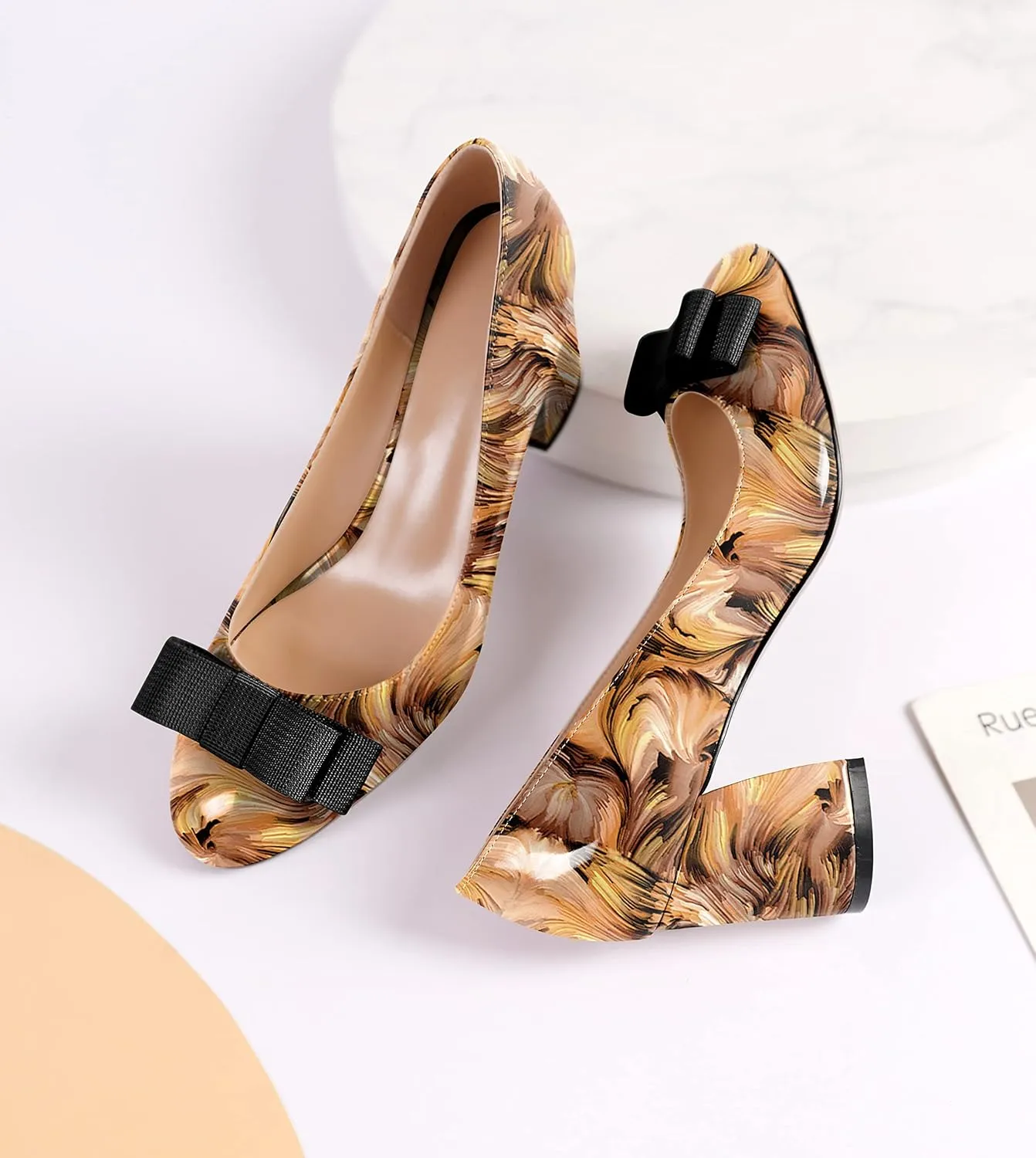 YODEKS Women Low Block Chunky Heels Round Toe Sexy Slip On Pumps 2.5 Inch Mid Heel Elegant Black Bow Comfort Shoes