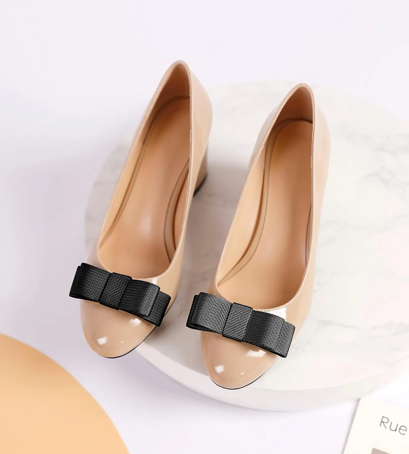 YODEKS Women Low Block Chunky Heels Round Toe Sexy Slip On Pumps 2.5 Inch Mid Heel Elegant Black Bow Comfort Shoes