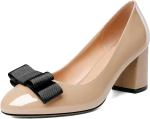 YODEKS Women Low Block Chunky Heels Round Toe Sexy Slip On Pumps 2.5 Inch Mid Heel Elegant Black Bow Comfort Shoes