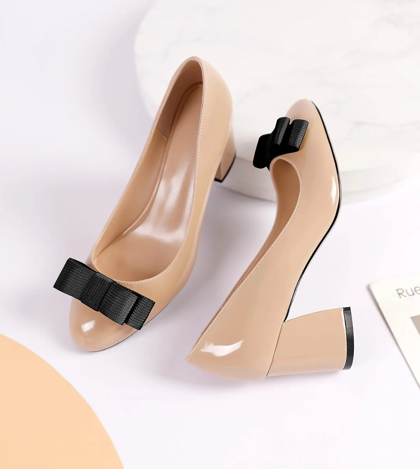 YODEKS Women Low Block Chunky Heels Round Toe Sexy Slip On Pumps 2.5 Inch Mid Heel Elegant Black Bow Comfort Shoes