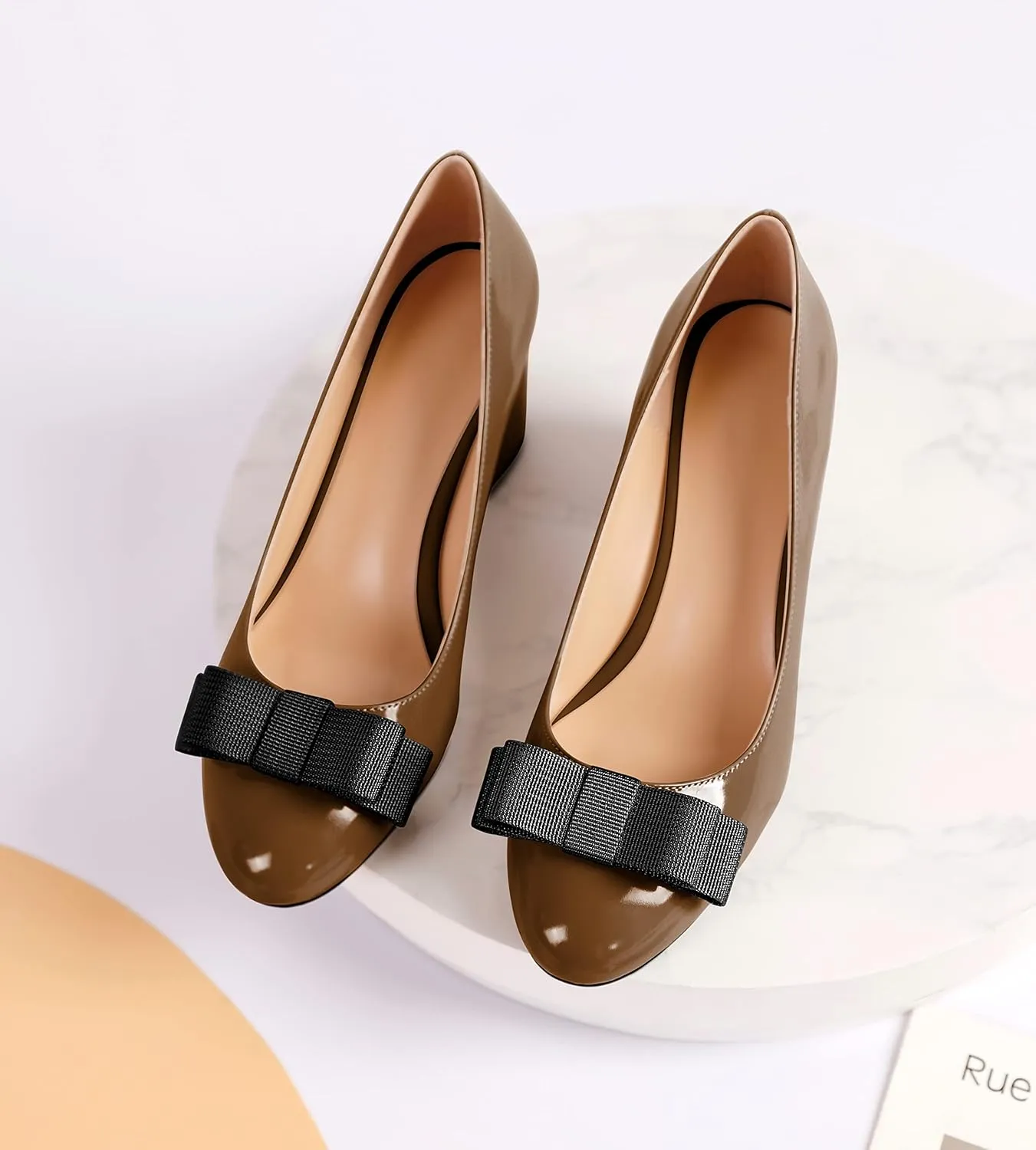 YODEKS Women Low Block Chunky Heels Round Toe Sexy Slip On Pumps 2.5 Inch Mid Heel Elegant Black Bow Comfort Shoes