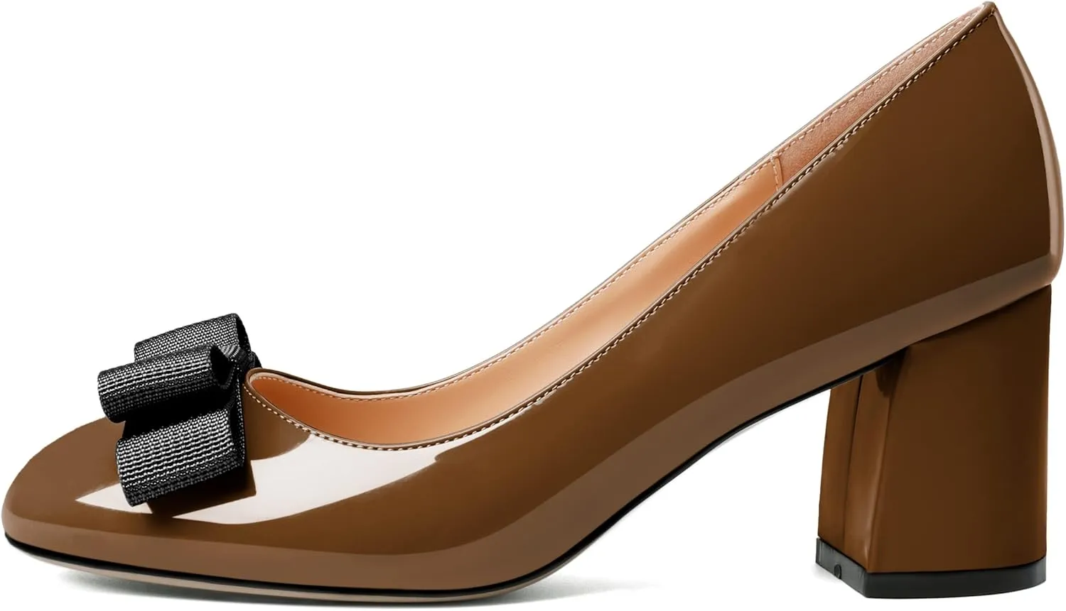 YODEKS Women Low Block Chunky Heels Round Toe Sexy Slip On Pumps 2.5 Inch Mid Heel Elegant Black Bow Comfort Shoes