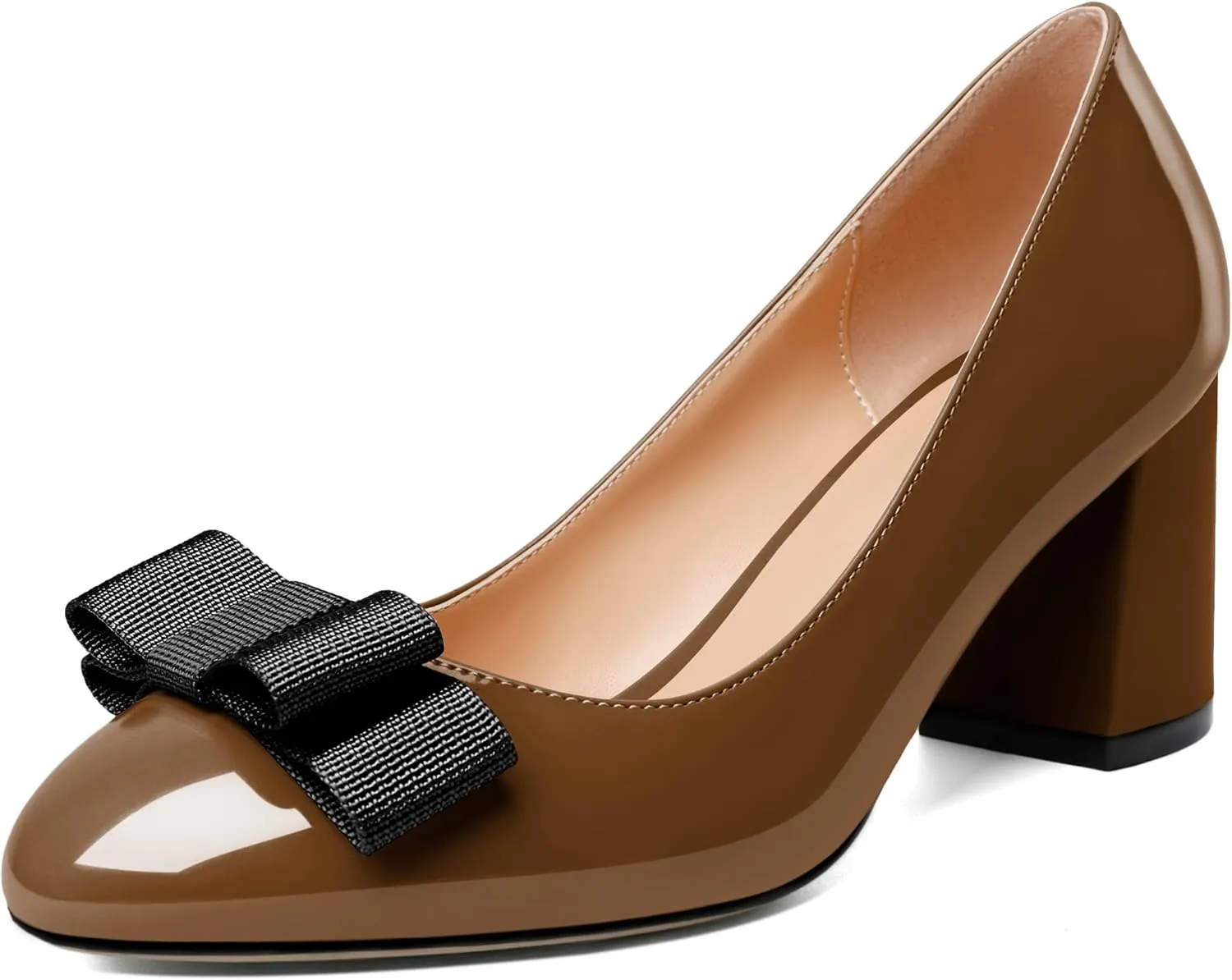 YODEKS Women Low Block Chunky Heels Round Toe Sexy Slip On Pumps 2.5 Inch Mid Heel Elegant Black Bow Comfort Shoes