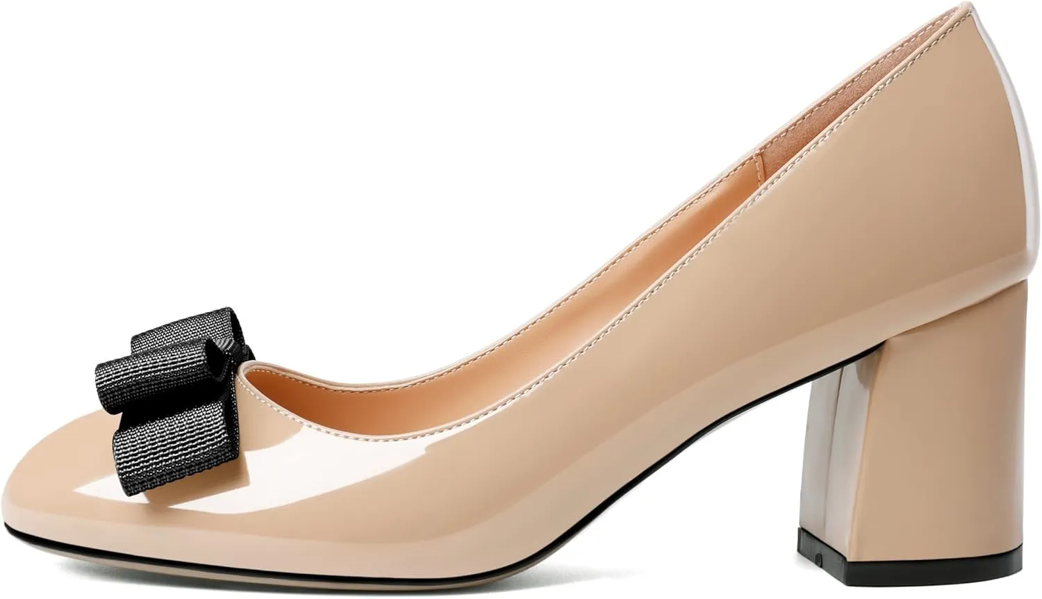 YODEKS Women Low Block Chunky Heels Round Toe Sexy Slip On Pumps 2.5 Inch Mid Heel Elegant Black Bow Comfort Shoes