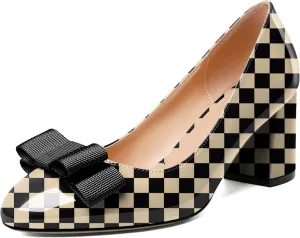 YODEKS Women Low Block Chunky Heels Round Toe Sexy Slip On Pumps 2.5 Inch Mid Heel Elegant Black Bow Comfort Shoes