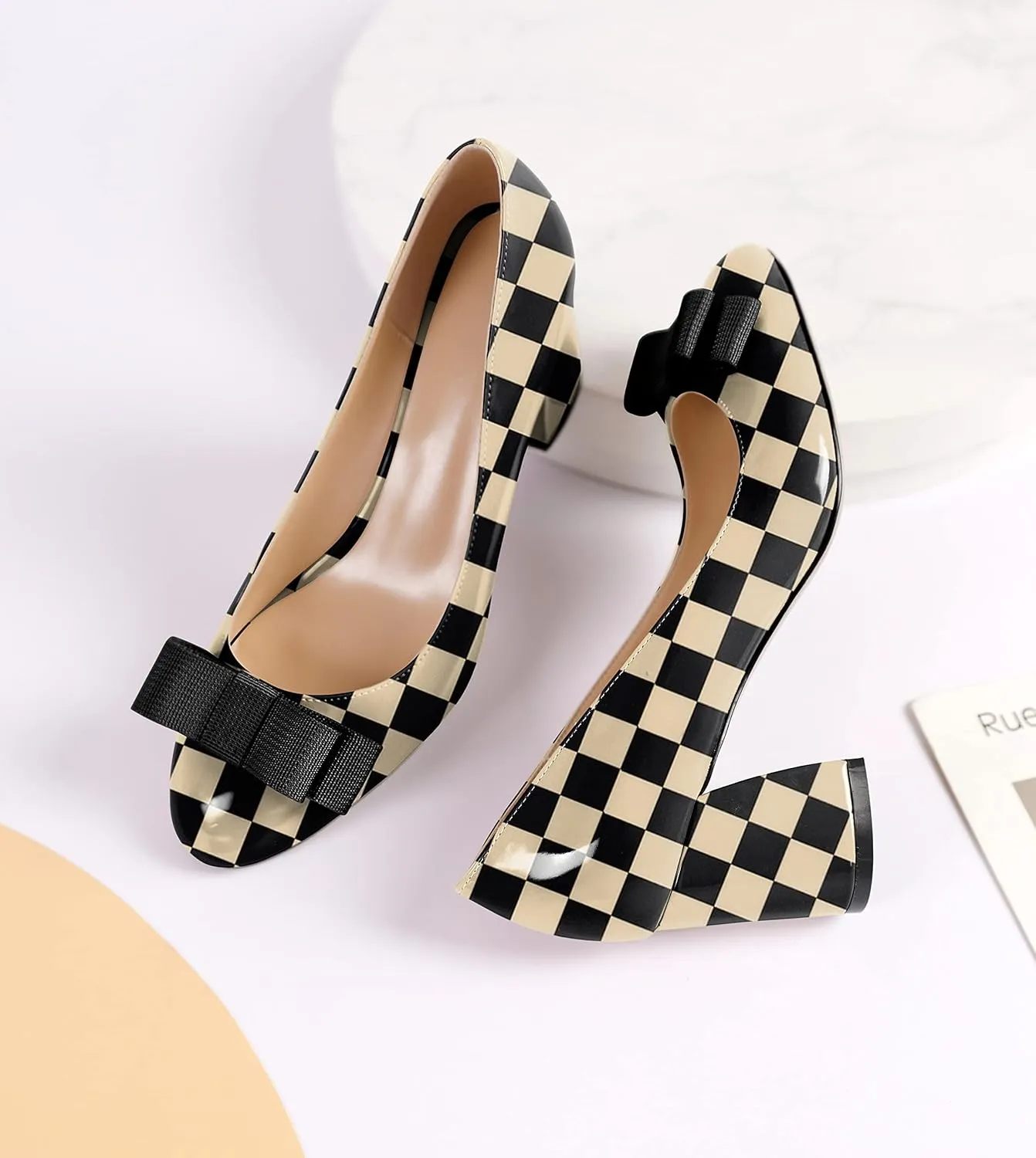 YODEKS Women Low Block Chunky Heels Round Toe Sexy Slip On Pumps 2.5 Inch Mid Heel Elegant Black Bow Comfort Shoes