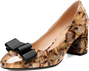 YODEKS Women Low Block Chunky Heels Round Toe Sexy Slip On Pumps 2.5 Inch Mid Heel Elegant Black Bow Comfort Shoes