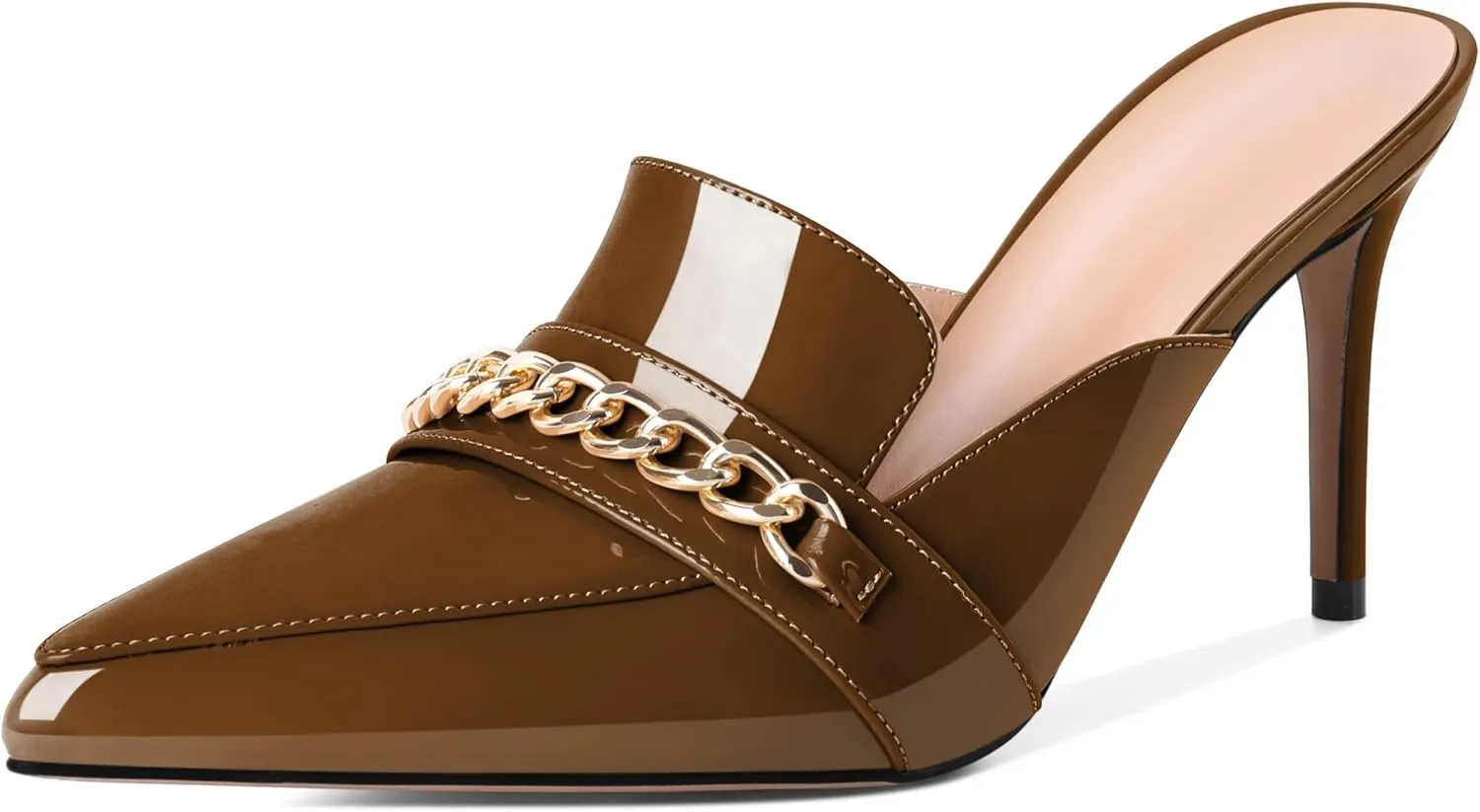 Zamikoo Women's Mule Heels Pointed Toe Slip On Stiletto High Heeled Mules with Gold Chain