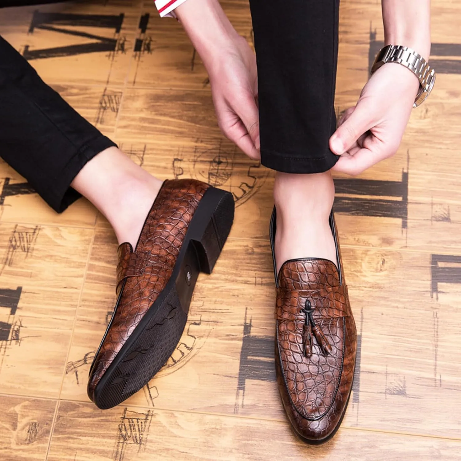 Zeberfi Men's Pattern Leather Slip On Tassel Dress Loafers Fashion Pointed Toe Low Top Non-Slip Luxury Business Formal Shoes