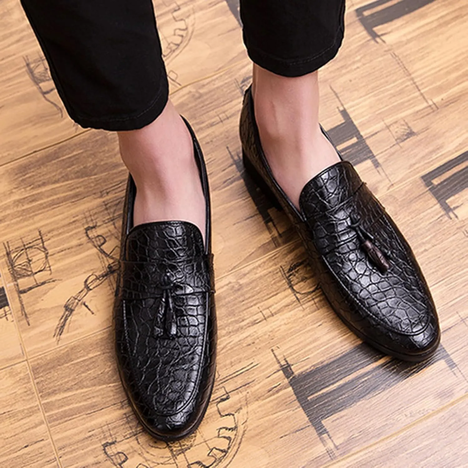 Zeberfi Men's Pattern Leather Slip On Tassel Dress Loafers Fashion Pointed Toe Low Top Non-Slip Luxury Business Formal Shoes